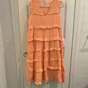 Elegant Coral Ruffled Midi Dress